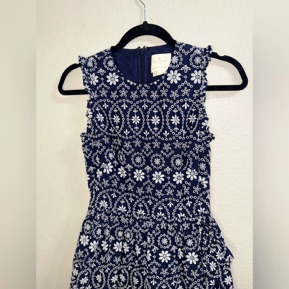 Kate Spade Navy/white Embroidered Eyelet ruffled Mini Dress- size 0‎